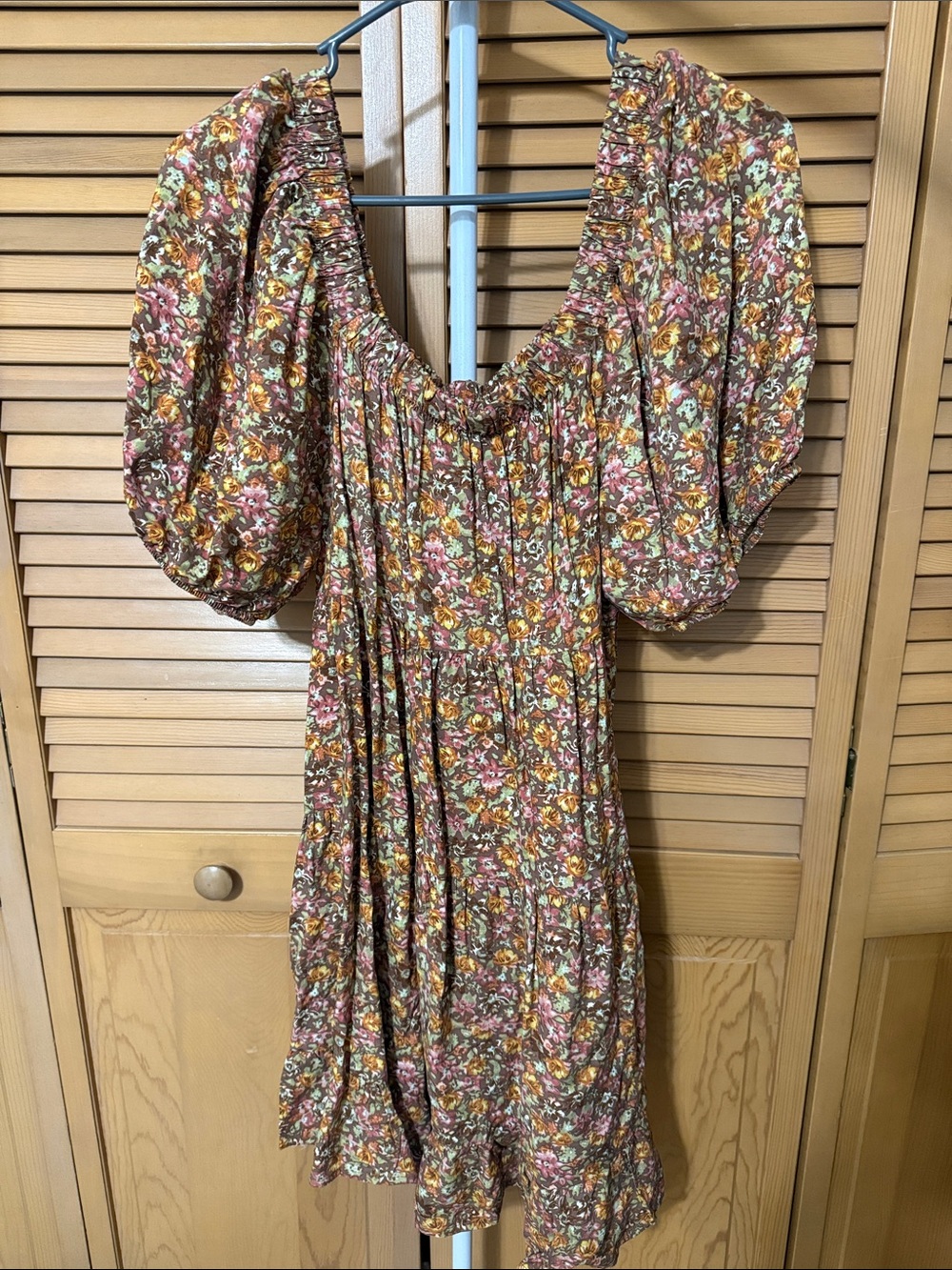wild fable Brown Floral Puff-Sleeve Mini Dress